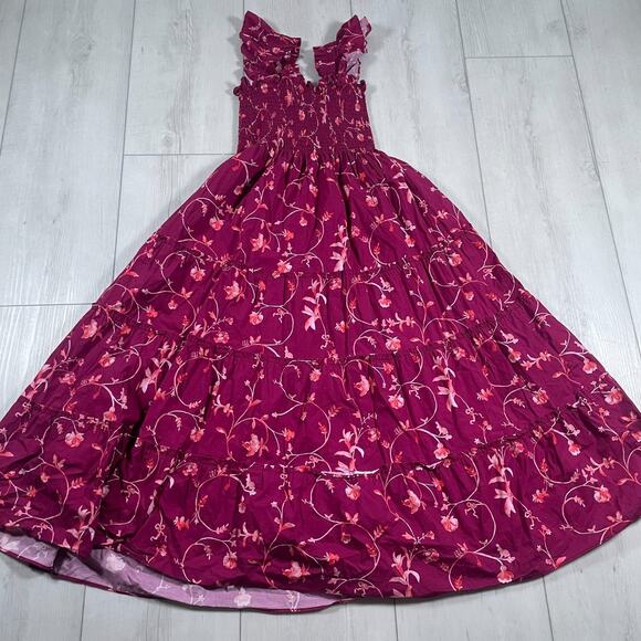 Hill House Home Women's XXS Ellie Nap Dress Midi Ruched Burgundy Floral Ruffle - Picture 5 of 11